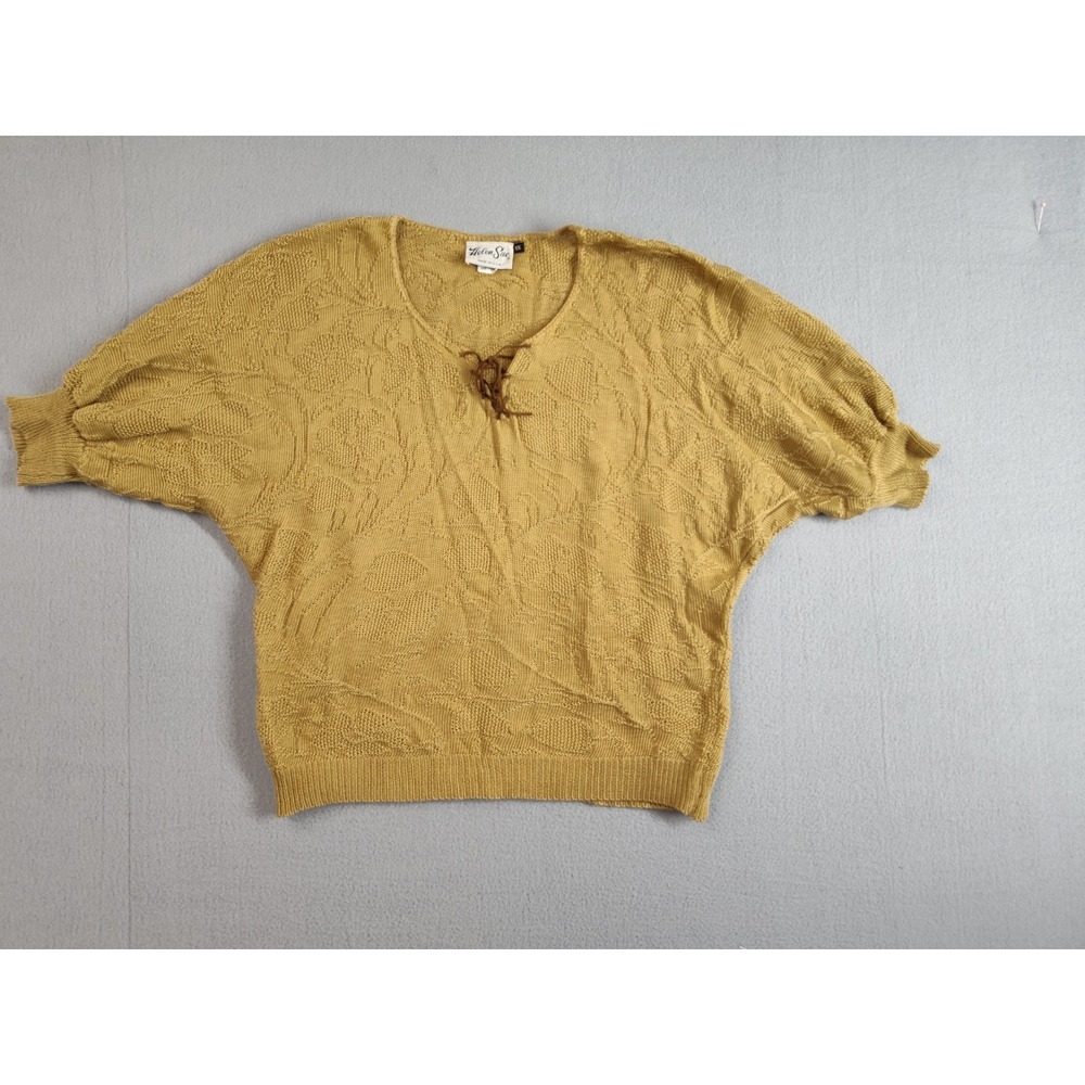 Helen Sue Women Top 1X Mustard Yellow Knit Lace Up Puff Sleeve Casual Summer